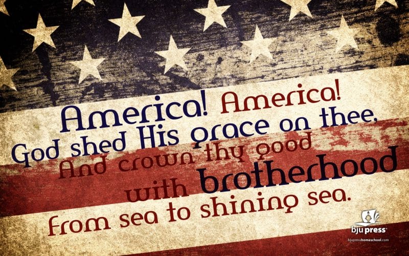 American flag background with words to America the Beautiful