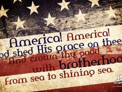 American flag background with words to America the Beautiful