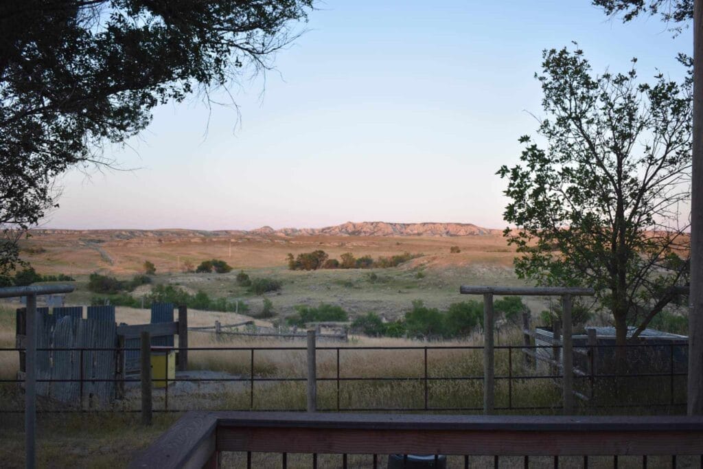 Stunning view from the deck of the renovated ranch house available for guests, hunters, and for use as a wedding venue.